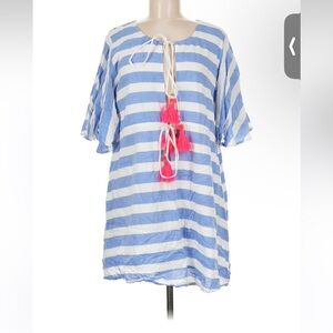 Sundress womans Blue and White Striped Mini Dress with Pink Tassels size M